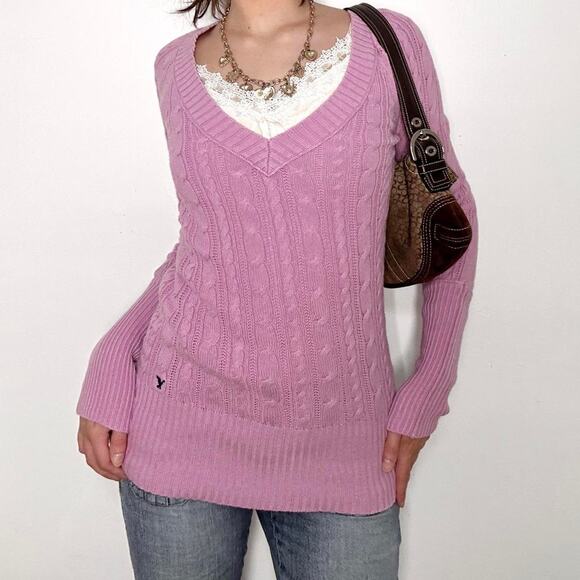 Y2k purple/pink vintage american eagle cable knit vneck sweater - Picture 3 of 8